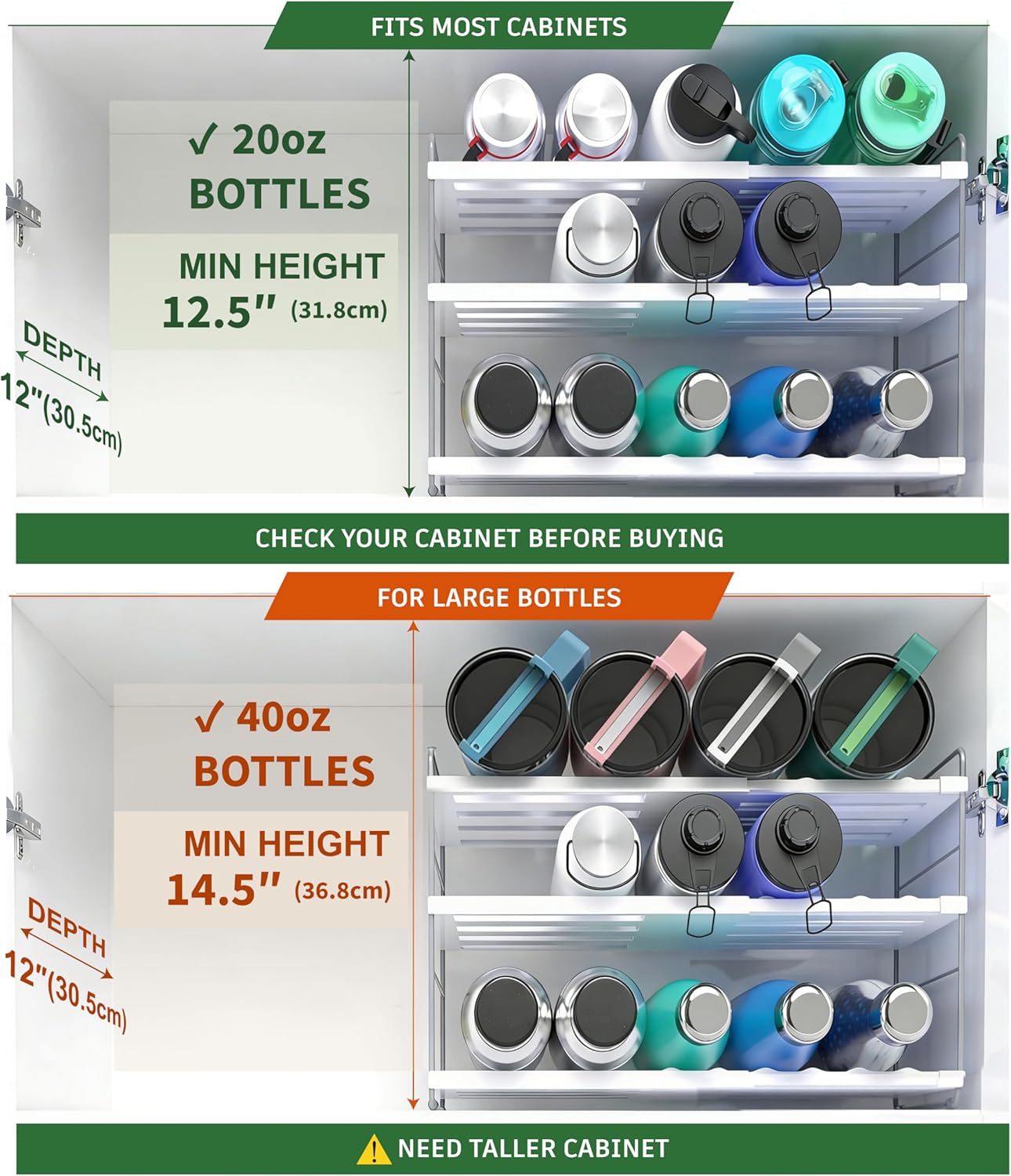 YAN & HIN Expandable Water Bottle Organizer for Cabinet, 3 Tier Tumbler Organizer, Adjustable Bottle Holder, Kitchen Pantry Storage Rack
