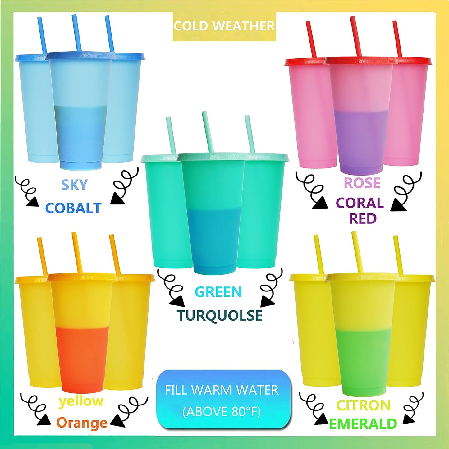 Color Changing Cups, 5 Pack 24oz Plastic Tumblers, Reusable Iced Coffee & Smoothie Cups with Lids and Straws for Parties and Travel