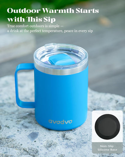 12oz Insulated Coffee Mug with Lid – Includes Two Lids, Stainless Steel Coffee Travel Mug with Handle, Double Wall Vacuum Insulated Camping Mug for Home, Office & Outdoor, Navy Blue