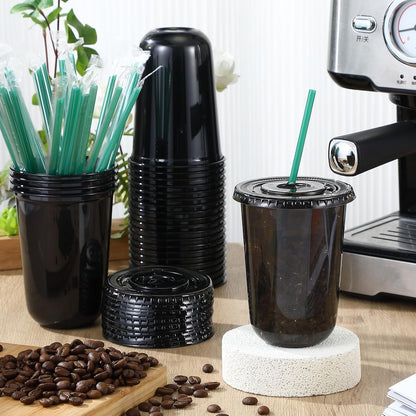 Baderke 25 Set Plastic Cups with Lids and Straws, Disposable Plastic Iced Coffee Cup for Cold Beverage Juice Smoothie Crystal for Coffee Shops Party Catering(Clear,16 oz)