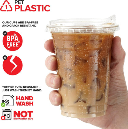 16 oz Clear Plastic Cups with Lids Disposable, Togo Drinking Cup with Strawless Sip Lid for Smoothie, Cold Brew Iced Coffee, Lemonade, Ice Latte, Boba, Party Drinks, Bulk, 16 Ounce (Set of 50)