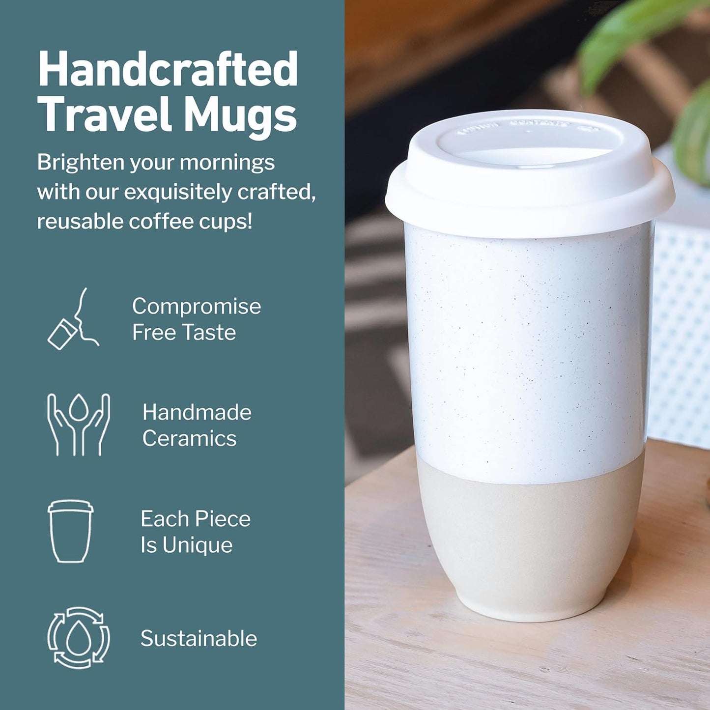 NOVA CERAMICS Coffee Tumbler – Travel Mug - On the Go Coffee Mug – Microwave & Dishwasher Safe Green Coffee Tumbler - Gifts For Women Men Him Her – 16oz – Monsoon