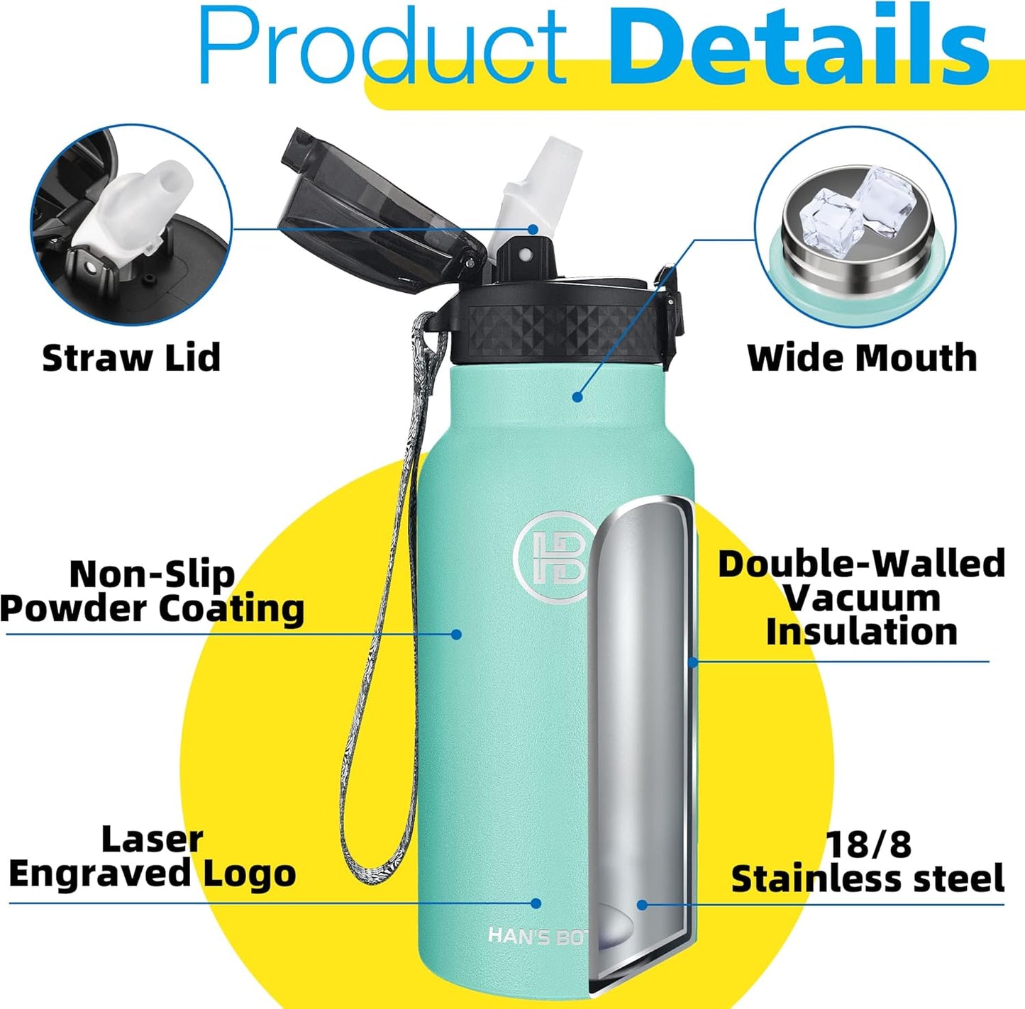 Han's Bottle Sports Water Bottle - 24 Oz, Straw Lid, Leak Proof, Vacuum Insulated Stainless Steel, Double Walled, Thermo Mug,Black