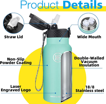 Han's Bottle Sports Water Bottle - 24 Oz, Straw Lid, Leak Proof, Vacuum Insulated Stainless Steel, Double Walled, Thermo Mug,Black