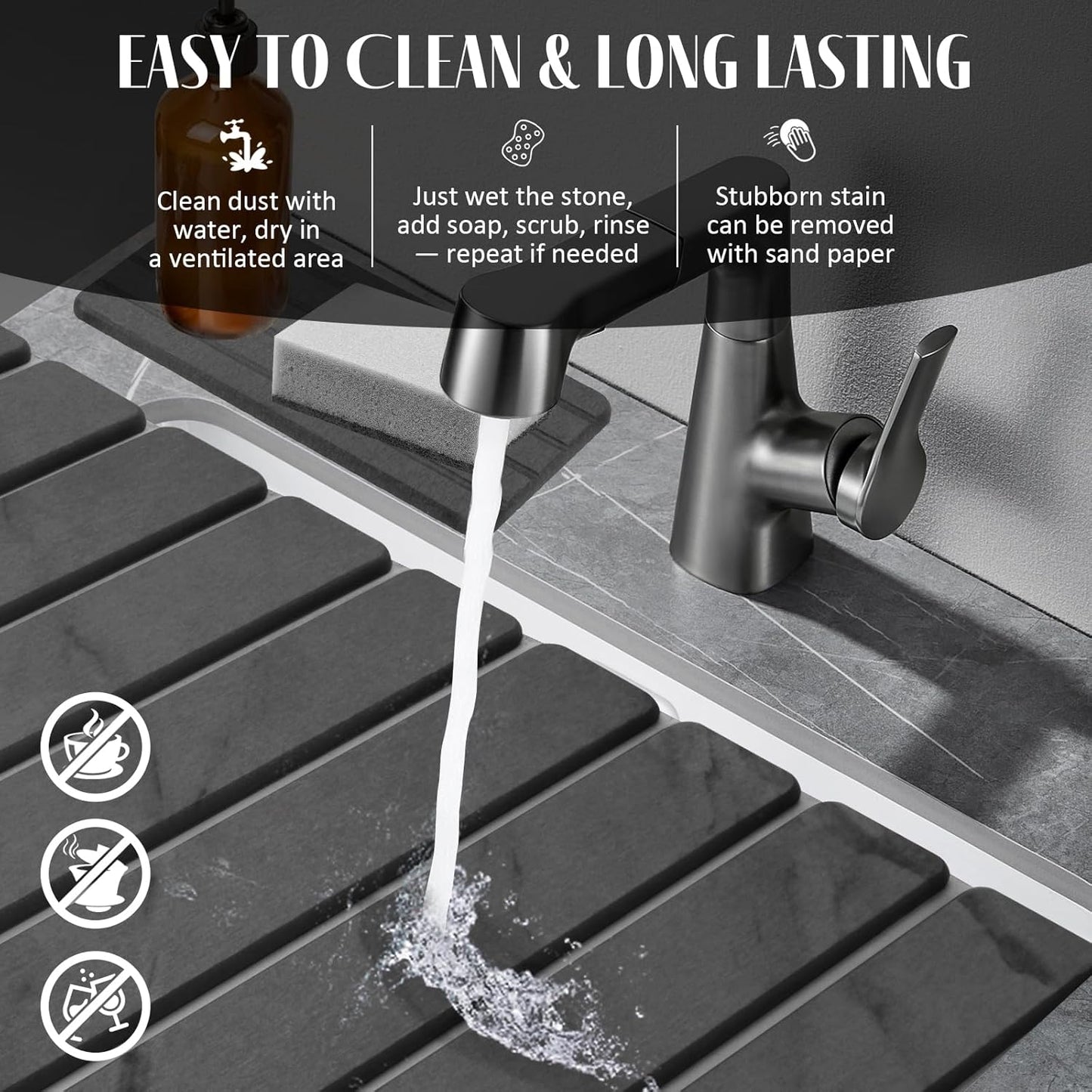 Extra Large Stone Dish Drying Mat for Kitchen Counter, Foldable Quick Dry Dish Drying Mats, Absorbent Diatomaceous Earth Stone Drying Mats for Plate Rack Bottles Cups (Gray Marble 28"×16" & 8"x4")
