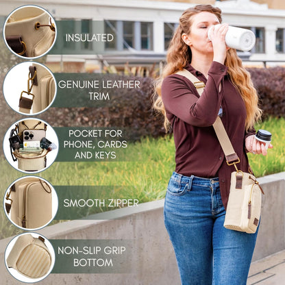 Water Bottle Holder with Strap & Pocket – Crossbody Water Bottle Carrier - Fits 16 to 32 oz Bottles