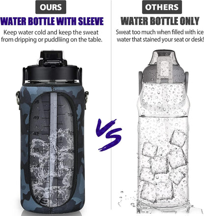 Half Gallon Water Bottle with Sleeve, 64OZ Motivational Water Bottle with Straw & Time Marker, BPA Free Leakproof Gym for Sport Workout