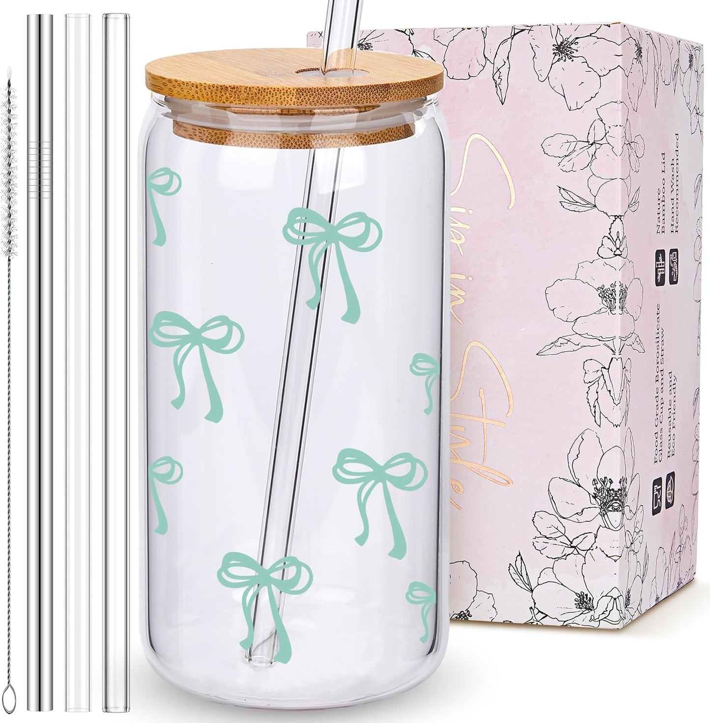 Coquette Cute Pink Bow Glass Cups with Lids and Straws, Aesthetic Iced Coffee Matcha Cup, Girly Preppy Design Tumbler Mug, Valentines Christmas Birthday Gifts for Women, Teen Girl Gifts Trendy Stuff