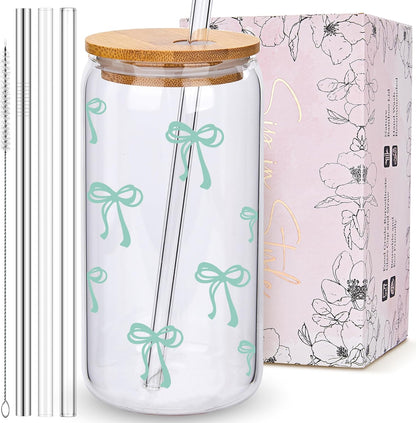 Coquette Cute Pink Bow Glass Cups with Lids and Straws, Aesthetic Iced Coffee Matcha Cup, Girly Preppy Design Tumbler Mug, Valentines Christmas Birthday Gifts for Women, Teen Girl Gifts Trendy Stuff