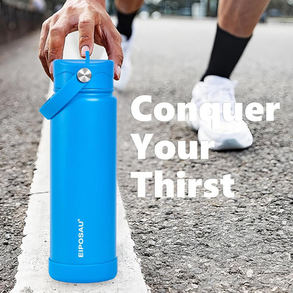 Insulated Water Bottle with Lid & Boot & Stickers, 24 oz Stainless Steel Sweat Free Bottle Keep Cold 24H, BPA-Free Sports Wide Mouth Water Bottle, BlueBlack