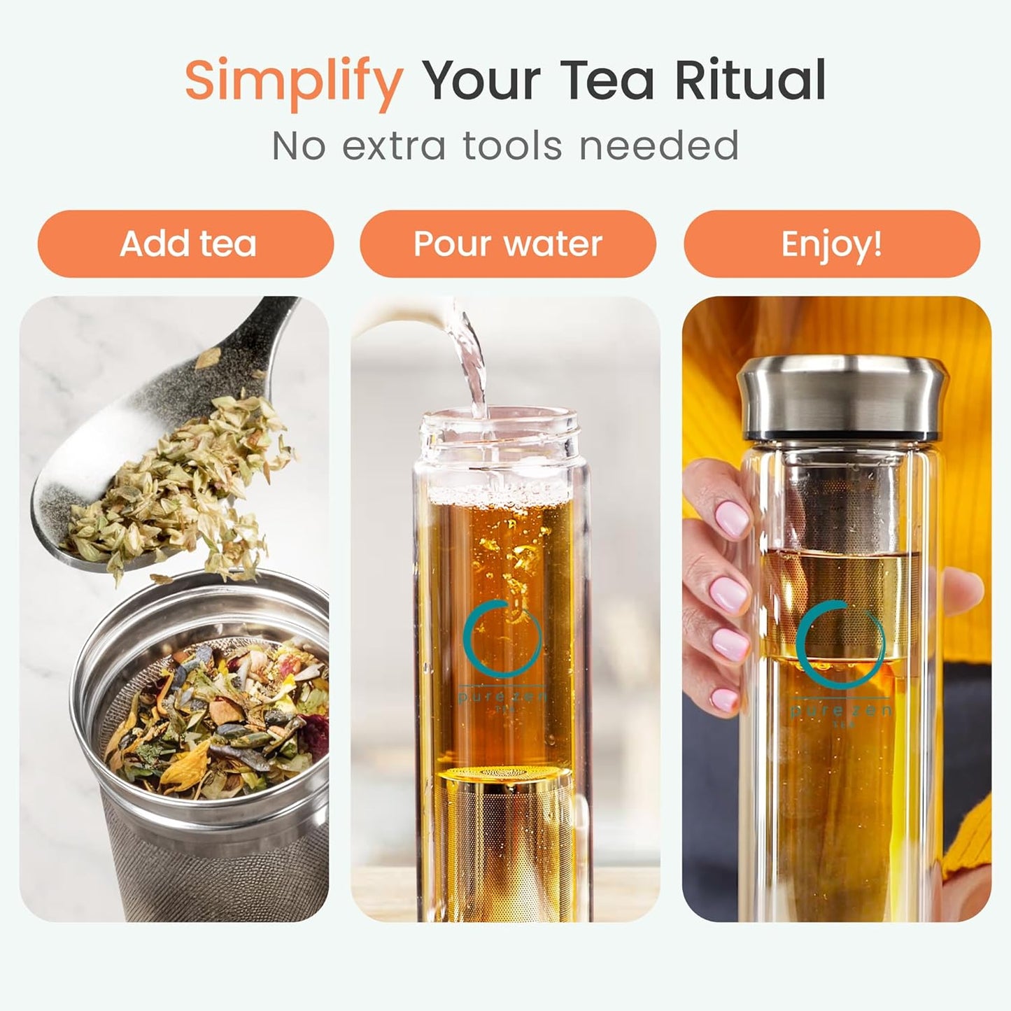 Pure Zen Tea Infuser Bottle - Double Wall Glass Travel Mug with Stainless Steel Filter - Leakproof Tea Tumbler with Infuser for Loose Leaf Infusions and Fruit Infused Water - Unique Gift Set - 13 oz