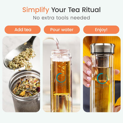Pure Zen Tea Infuser Bottle - Double Wall Glass Travel Mug with Stainless Steel Filter - Leakproof Tea Tumbler with Infuser for Loose Leaf Infusions and Fruit Infused Water - Unique Gift Set - 13 oz