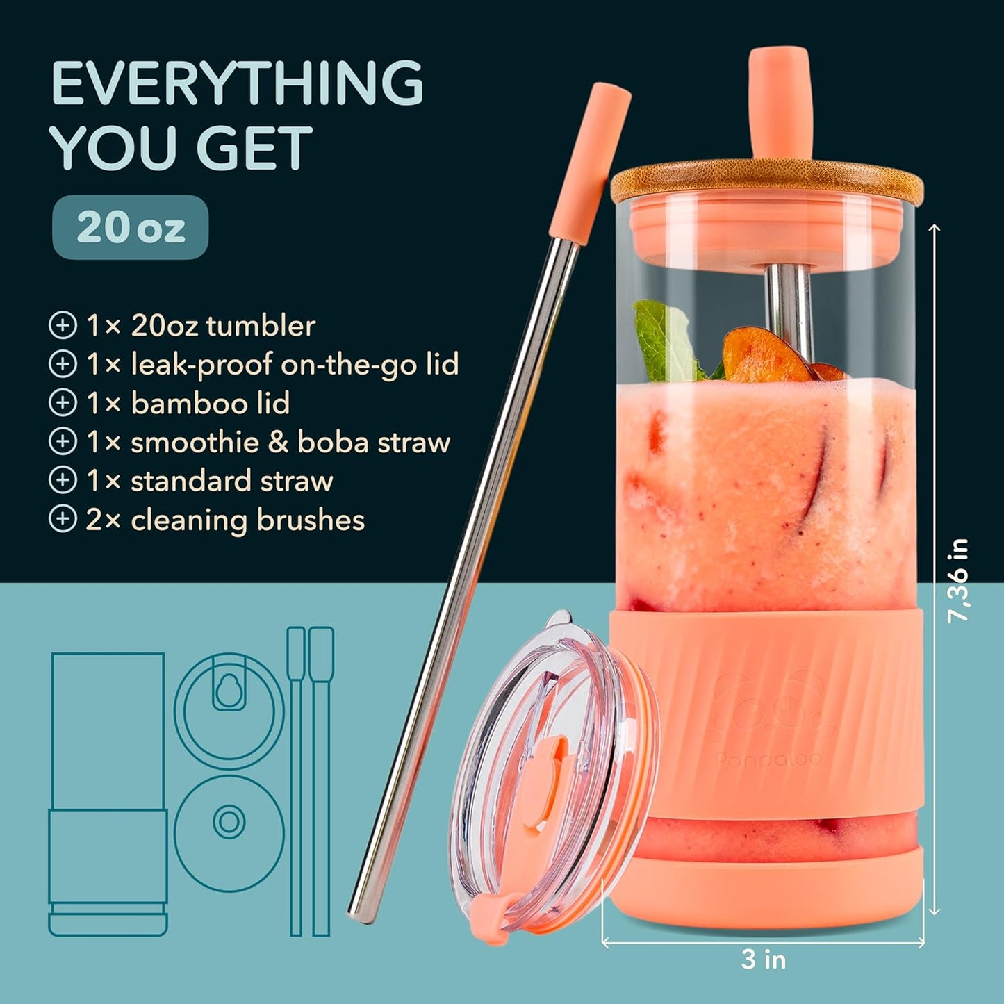Pandaloo® Glass Cups With Lids and Straws -20 Fl Oz- Perfect Size Iced Coffee Cup - Smoothie Cup With Bamboo Lid and On the go Lid - Glass Tumbler With Straw (1 Count (Pack of 1), Lilac Rhapsody)