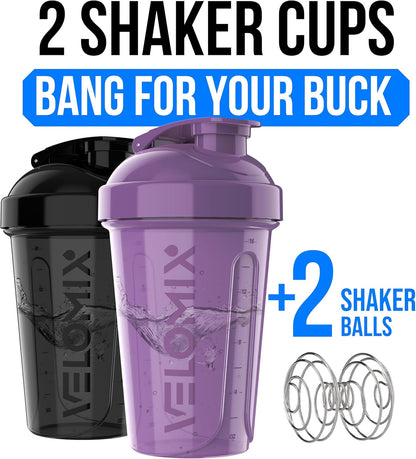 VELOMIX -2 Pack- 20 oz Protein Shaker Bottles for Protein Mixes - 2x Wire Whisk | Leak Proof Shaker Cups for Protein Shakes and Pre Workout | Protein Shaker Bottle Pack (Black/Transparent)