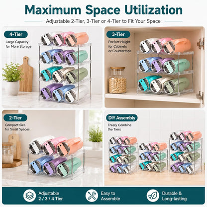 Stackable Water Bottle Organizer for Stanley 40 oz Tumbler, Large Compartment Water Bottle Holder for Cabinet, Clear Tumbler Organizer for Kitchen Countertop Pantry, 4 Pack