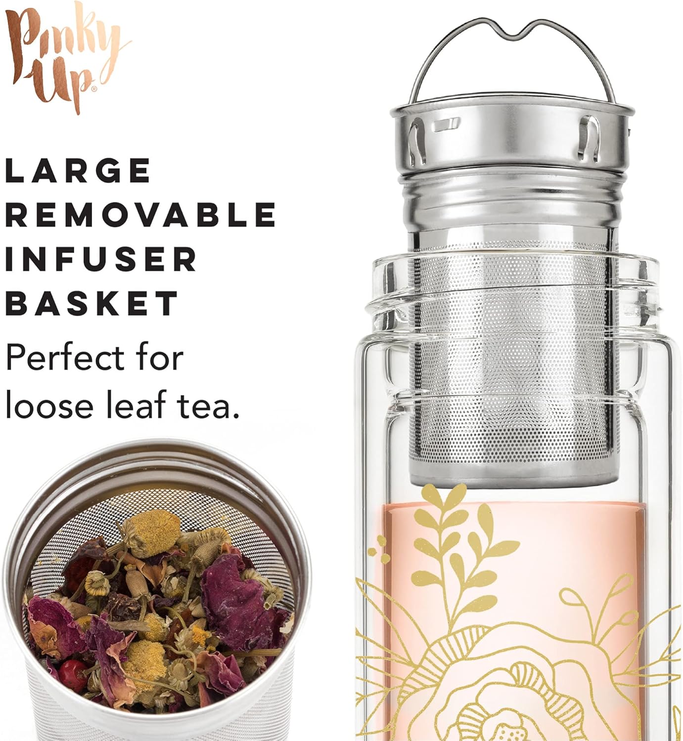 Pinky Up Blair Travel Tea Infuser Mug, Double Walled Insulated Travel Tumbler with Loose Leaf Tea Strainer, Travel Coffee Mug, Keeps Drinks Hot or Cold, 16 oz, White Leaf