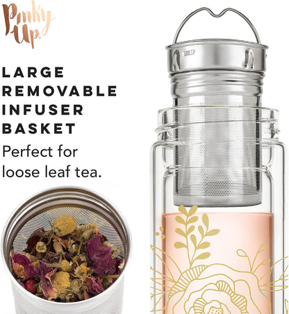 Pinky Up Blair Travel Tea Infuser Mug, Double Walled Insulated Travel Tumbler with Loose Leaf Tea Strainer, Travel Coffee Mug, Keeps Drinks Hot or Cold, 16 oz, White Leaf