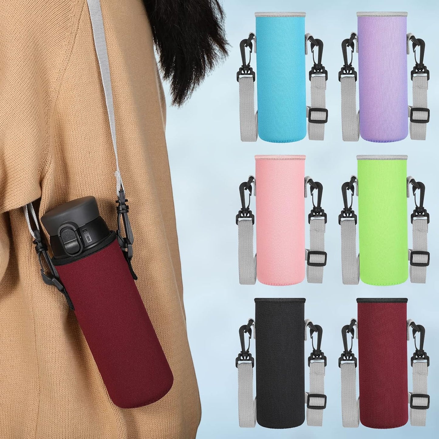 Rtteri 6 Pcs Neoprene Water Bottle Carrier Bag with Adjustable Shoulder Strap 32oz Insulator Water Bottle Cover Holder Cooler Sleeve for Stainless Steel/glass/plastic (Black)