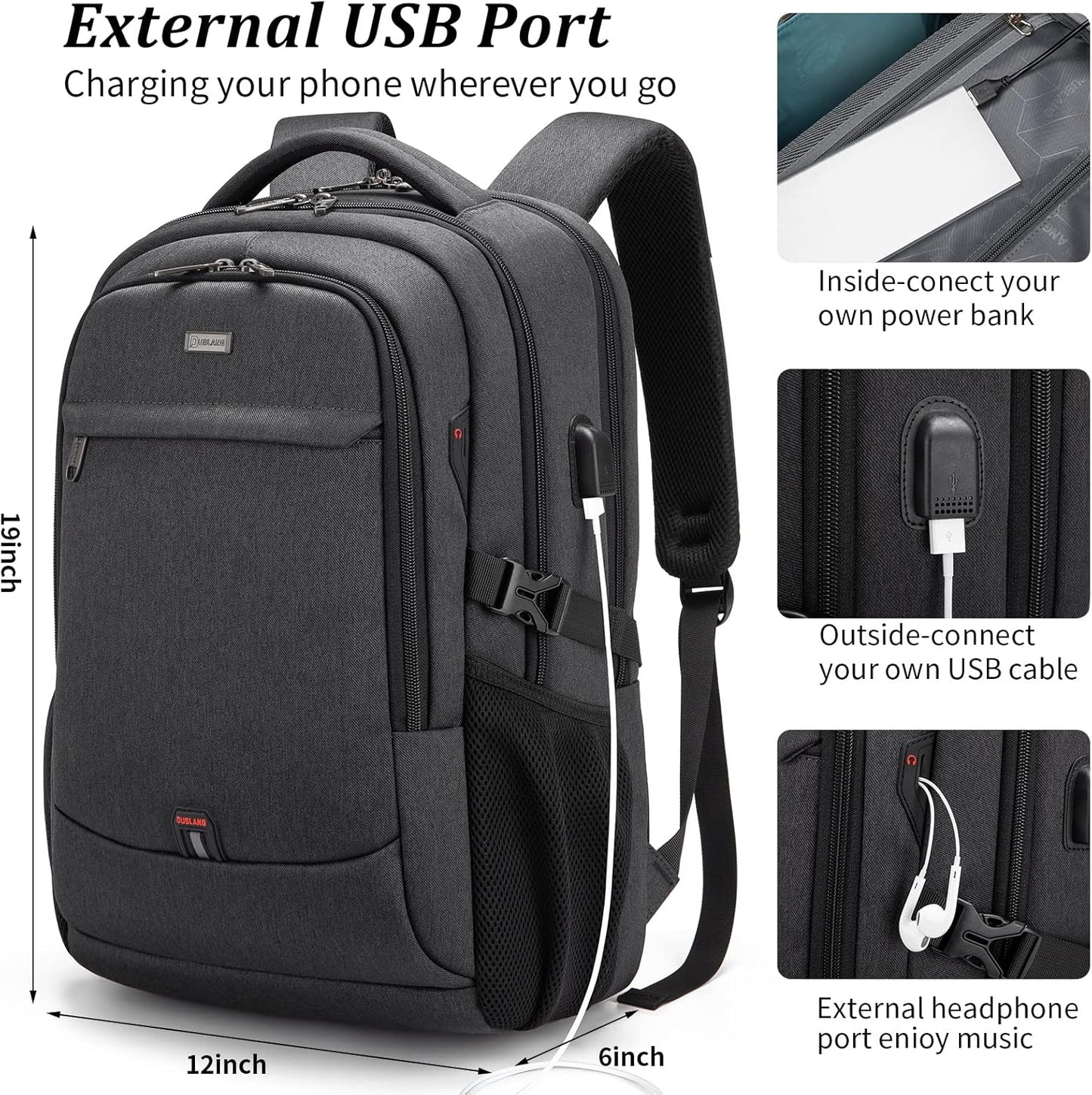 DUSLANG 17 Inch Laptop Backpack for Travel Water Resistant College Backpack for Men/Women Laptop Bag with USB Charging Port,Black - Colors A