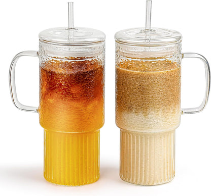 32oz Ribbed Borosilicate Glass Tumbler with Handle, Bamboo Lid and Straw, Iced Coffee Cup Modern Glass Mug for Hot/Cold Drinks, Smoothies, Tea, and Juice (Clear-1 Pack)