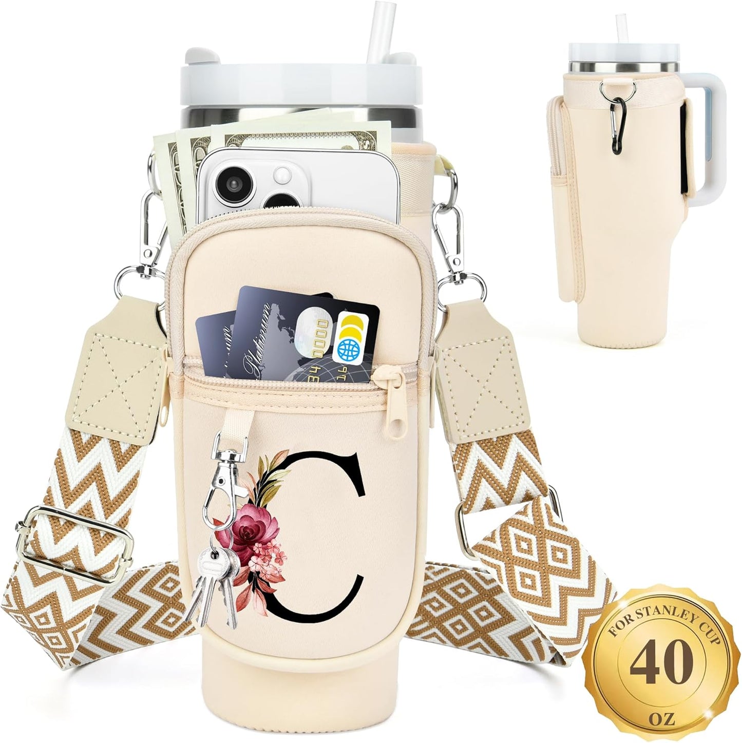 LOKASS Personalized Water Bottle Holder with Strap for Stanley Cup Accessories 40 oz, Initial for Stanley Cup Holder Carrier Bag with Phone Pocket, Stylish Tumbler Accessories for Daily Use Hands-Free
