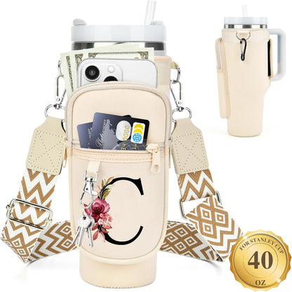 LOKASS Personalized Water Bottle Holder with Strap for Stanley Cup Accessories 40 oz, Initial for Stanley Cup Holder Carrier Bag with Phone Pocket, Stylish Tumbler Accessories for Daily Use Hands-Free