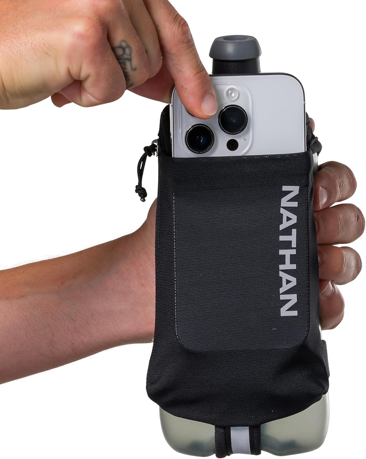 Nathan SpeedDraw 2 Insulated Handheld Running Water Bottle Flask 18oz – Double-Wall Insulation, Ergonomic Grip, Blast Valve Cap, Phone & Key Storage Pockets, Reflective Design