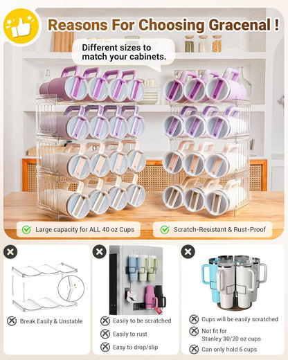 Gracenal Large Tumbler Organizer for Stanley Cup 40 oz, Patented Kitchen Pantry Organizers and Storage for Stanley Cup Accessories, Stackable Water Bottle Organizer Holder Gifts 4Pack Large-12-bottle