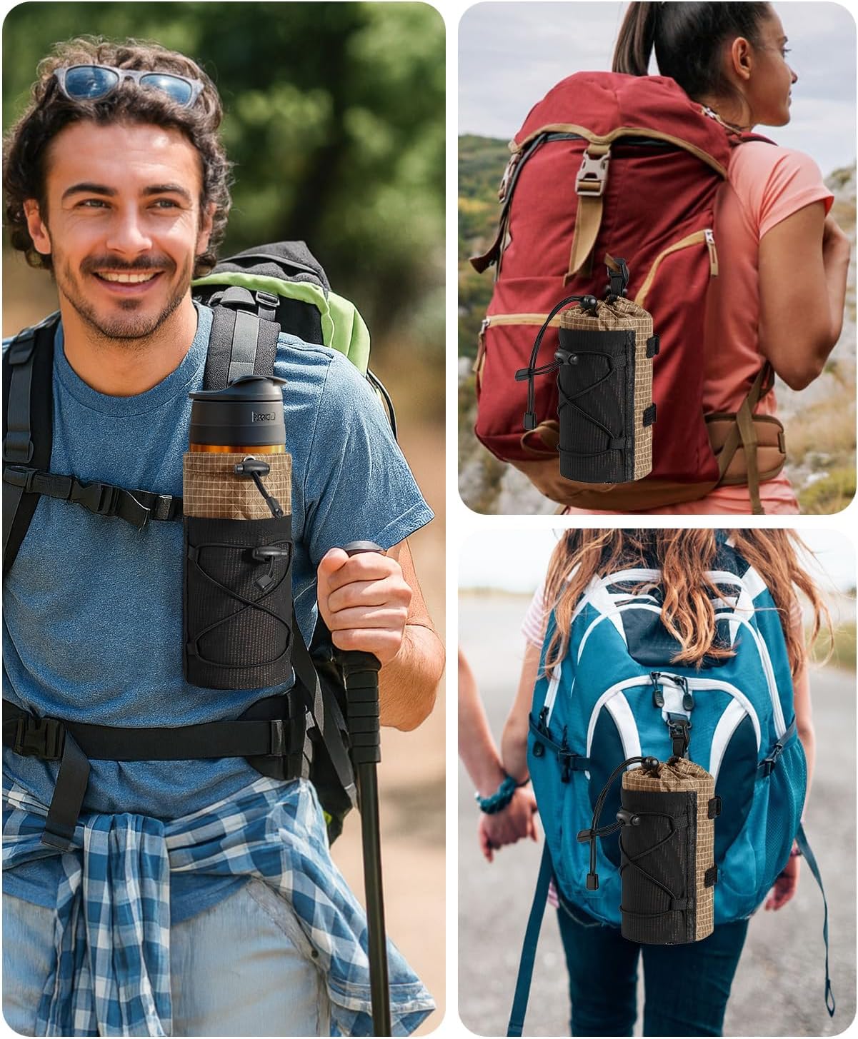 Large Water Bottle Holder Pouch Bag, Backpack Water Bottle Holder Mesh Bag Carrier Fits for 10-32oz Bottles, Heavy-Duty Water Bottles Holder Accessories for Hiking, Sports, Travel, Outdoor