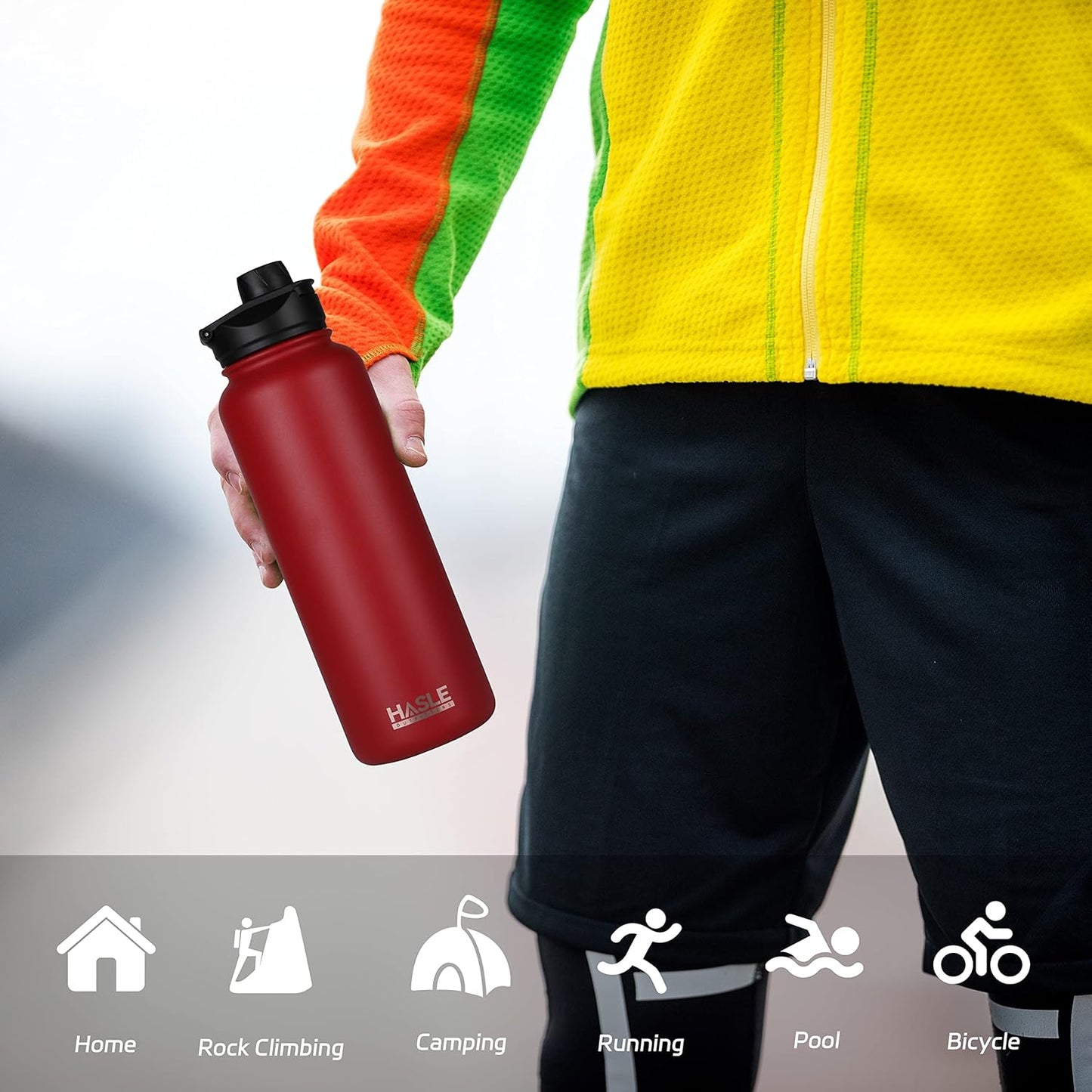 HASLE OUTFITTERS 32 oz Insulated Water Bottle Stainless Steel Double Walled Vacuum Sports Water Bottle with 2 Lids (Straw and Spout Lid) for Gym Camping Hiking(Black,1)