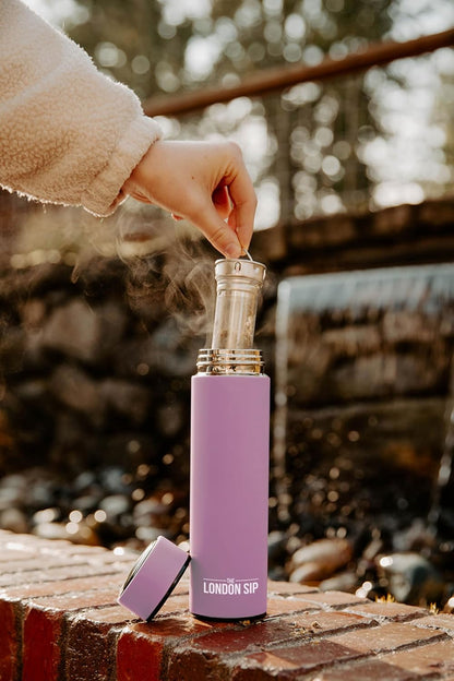 The London Sip Multi-Purpose Travel Mug and Tumbler Fruit Infused Flask Hot and Cold Double Wall Stainless Steel Thermos with Extra-Long Infuser, Purple