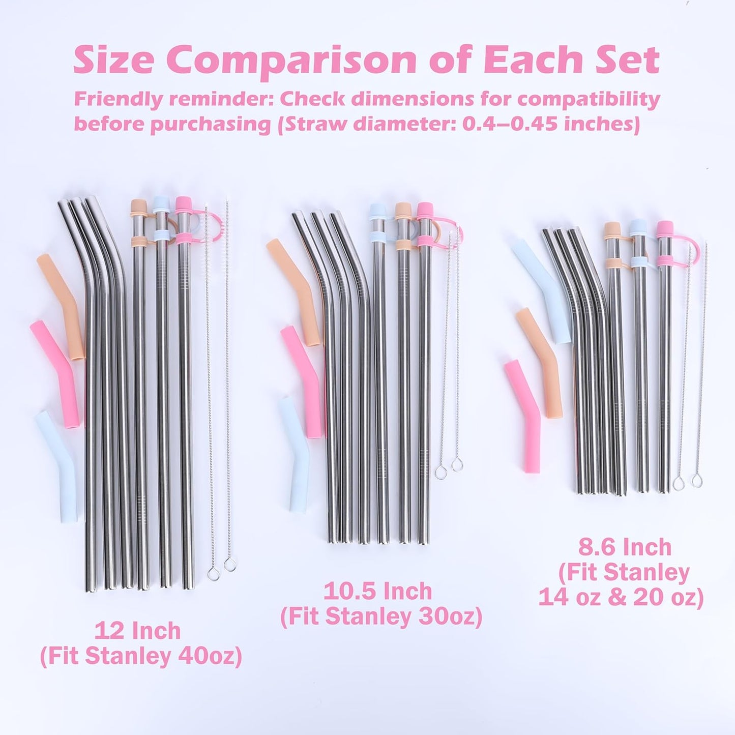 Jetstop 6 Straws with Cover for Stanley Tumbler, Reusable Stainless Steel Straws with Silicone Stoppers, Perfect for Stanley 40 oz Accessories (12 Inch 3 Straight and 3 Bent Straws Fit 40 oz)