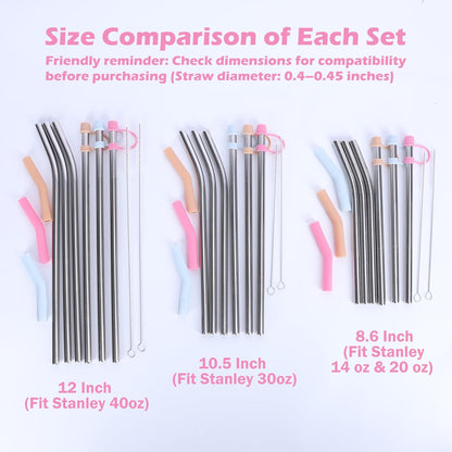 Jetstop 6 Straws with Cover for Stanley Tumbler, Reusable Stainless Steel Straws with Silicone Stoppers, Perfect for Stanley 40 oz Accessories (12 Inch 3 Straight and 3 Bent Straws Fit 40 oz)