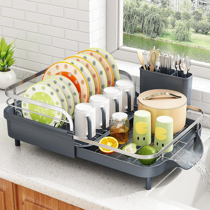 SAYZH Dish Drying Rack - Expandable Dish Rack for Kitchen Counter, Rust-Resistant Dish Drainer with Utensil Holder and Raised Guardrail, Kitchen Organizer for Cup and Bottle (Black)