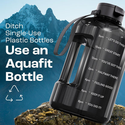 AQUAFIT 64 oz Water Bottle with Time Marker - Straw & Chug Lid - BPA Free Half Gallon Gym Water Bottle with Handle - Big Gallon Jug (Gray, 64 Ounces)