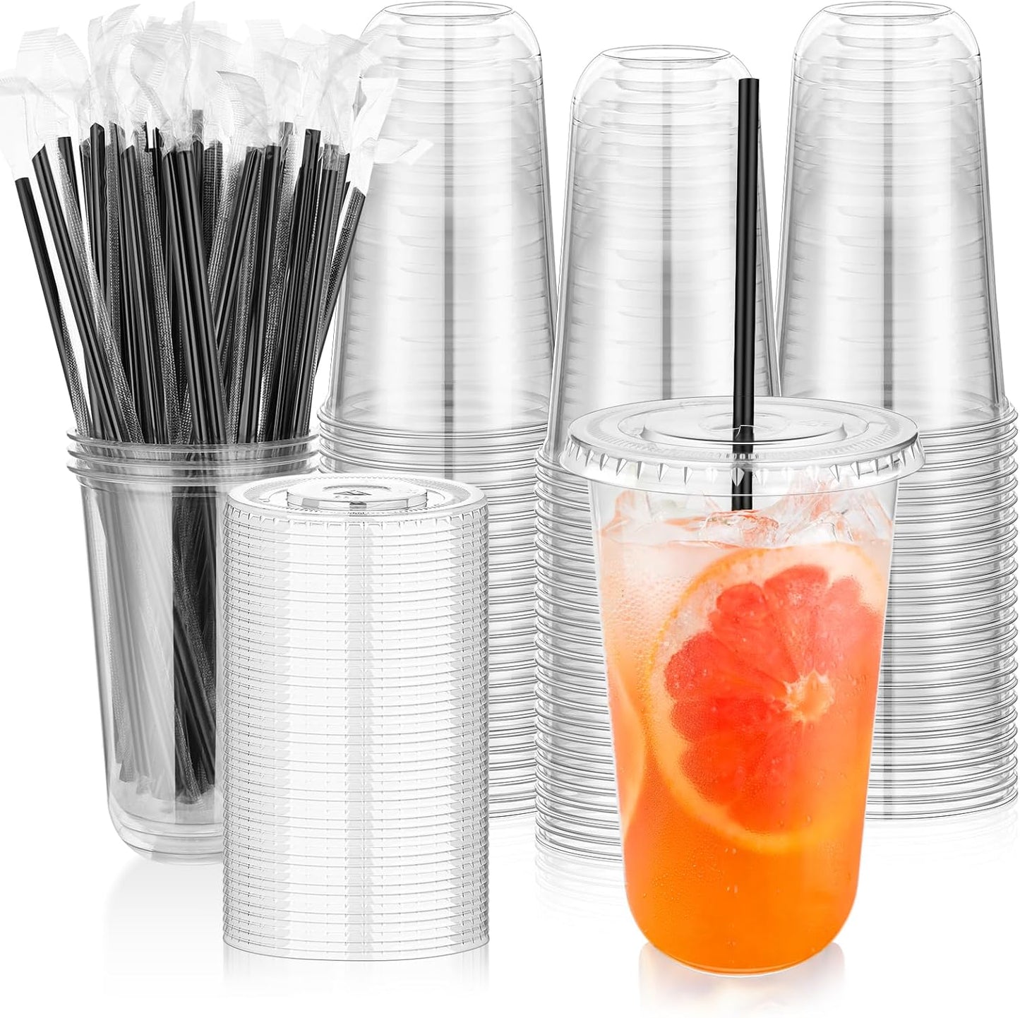 tchrules 100 Set 16oz Plastic Cups with Lids and Straws, Disposable Clear Iced Coffee Cup with Lid, Round Bottom Plastic To Go Cups for Cold Drinks Slushie Smoothie Lemonade Matcha Party Shop Supplies