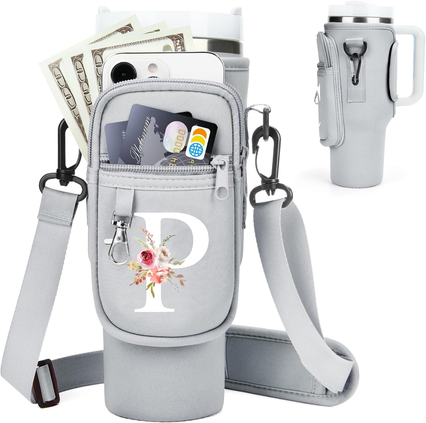 Initial Water Bottle Holder with Strap for Stanley Cup Accessories 40 oz/Simple Modern Tumbler, Birthdays for Women Girls, Water Bottle Carrier Bag with Phone Pocket,Hiking Walking Gym Camping