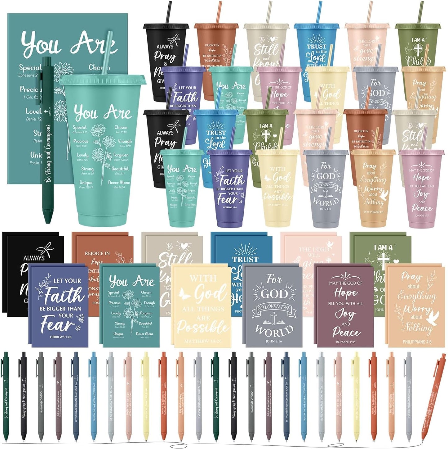 Feifeiya 72 Pcs/ 24 Set Bible Verse Gifts Bulk 24 oz Father's Day Christian Plastic Tumbler with Lids and Straws Inspirational Prayer Notepads Religious Pen Church Cups Gift for Christian Party Favors