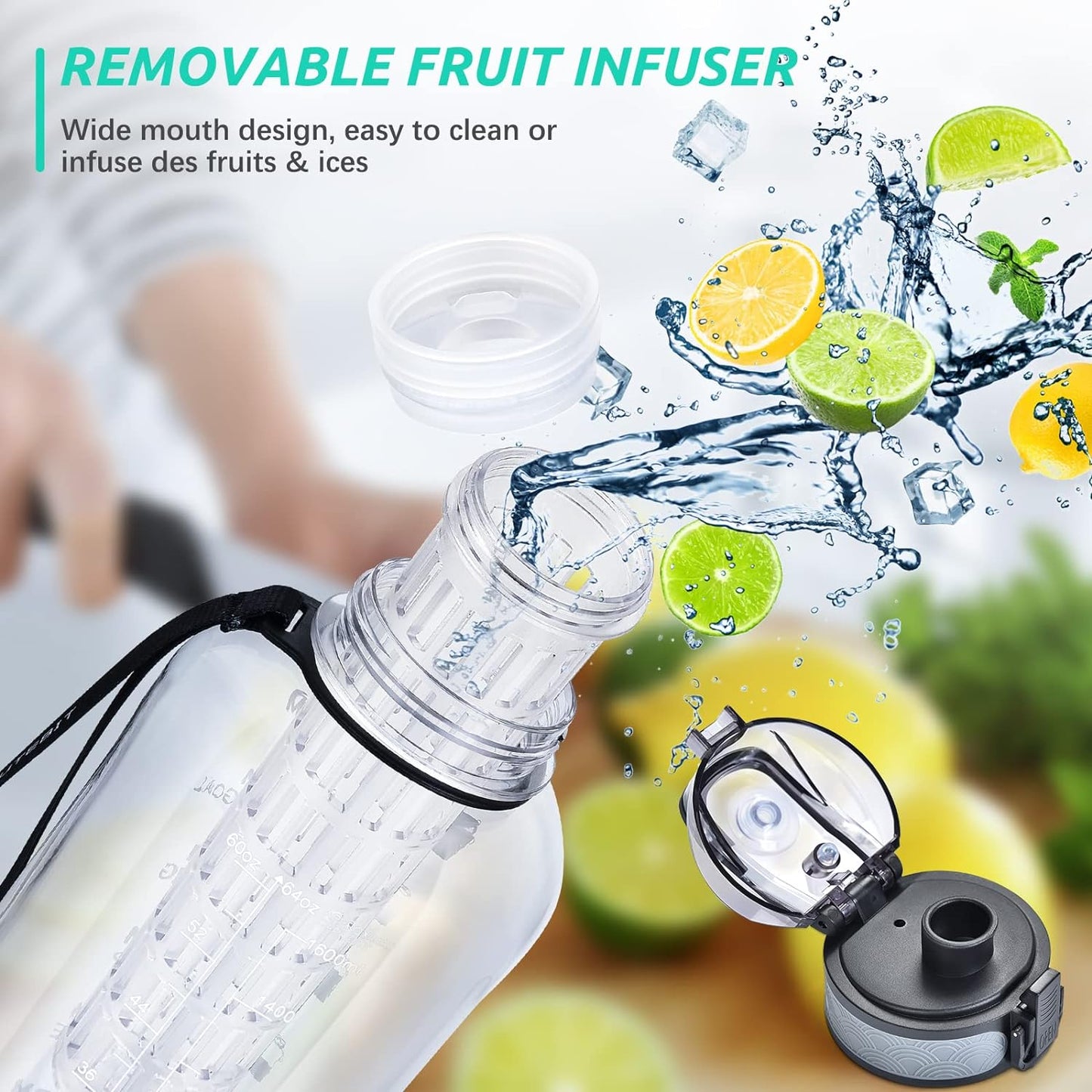 UTEBIT 32 OZ Fruit Infuser Water Bottle, Insulated Sports Water Bottle With Straw, 1L BPA Free Leak Proof Tritan Large Water Jug with Strap for Gym, Camping, Travel, Outdoor