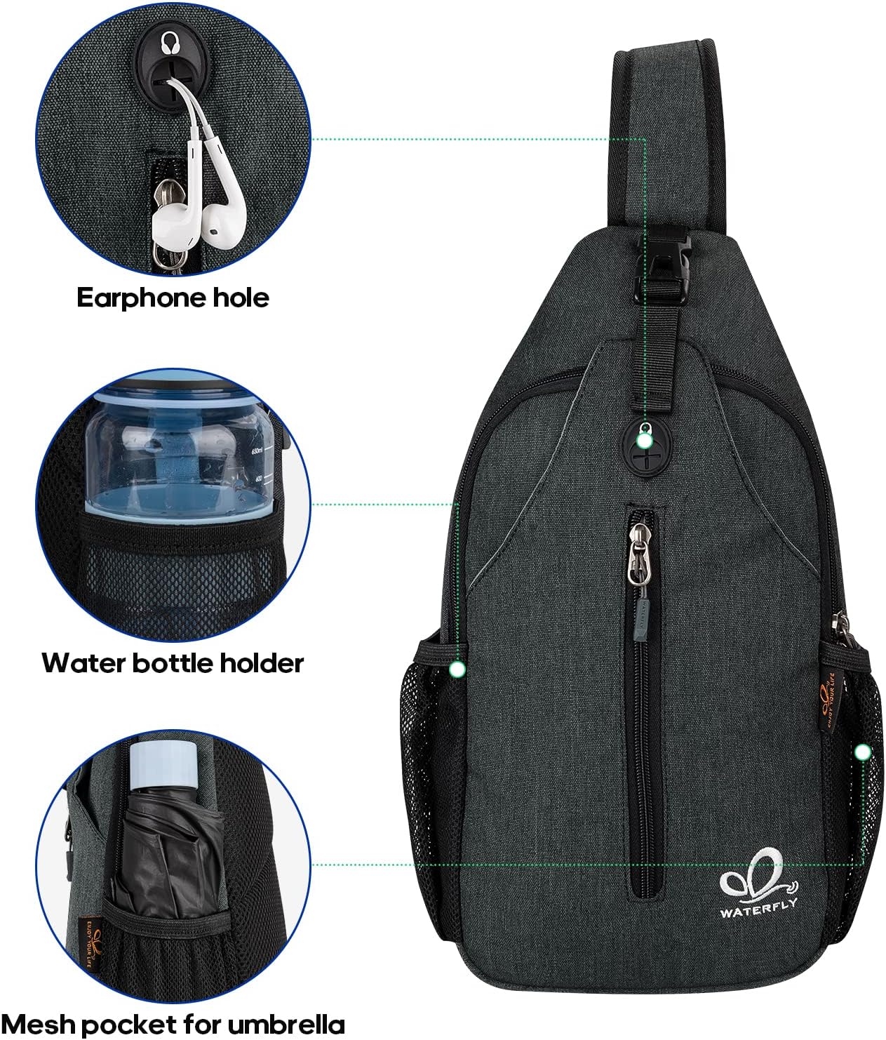 WATERFLY Crossbody Sling Backpack Sling Bag Travel Hiking Chest Bag Daypack (Black)