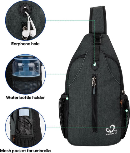WATERFLY Crossbody Sling Backpack Sling Bag Travel Hiking Chest Bag Daypack (Black)