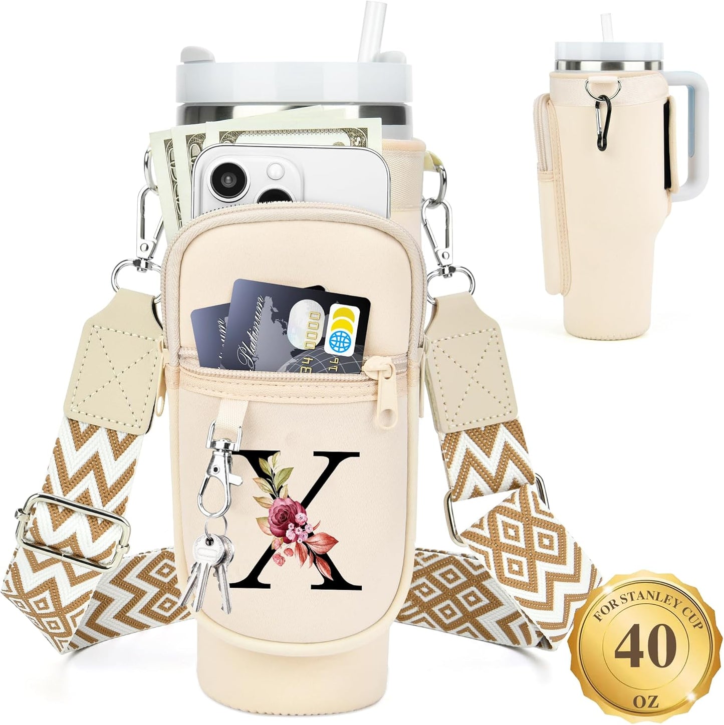 LOKASS Personalized Water Bottle Holder with Strap for Stanley Cup Accessories 40 oz, Initial for Stanley Cup Holder Carrier Bag with Phone Pocket, Stylish Tumbler Accessories for Daily Use Hands-Free