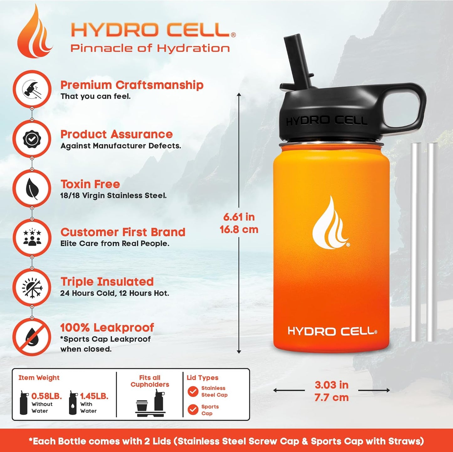 HYDRO CELL Stainless Steel Insulated Water Bottle with Straw - For Cold & Hot Drinks - Metal Vacuum Flask with Screw Cap and Modern Leakproof Sport Thermos for Adults (Neon 18oz)