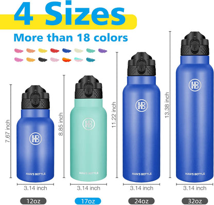 Han's Bottle Sports Water Bottle - 24 Oz, Straw Lid, Leak Proof, Vacuum Insulated Stainless Steel, Double Walled, Thermo Mug,Black