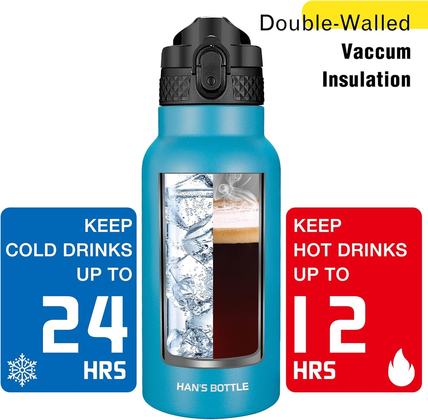 Han's Bottle Sports Water Bottle - 24 Oz, Straw Lid, Leak Proof, Vacuum Insulated Stainless Steel, Double Walled, Thermo Mug,Black