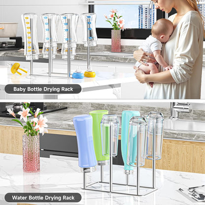 Water Bottle Drying Rack Reusable Bottle Rack Dryer Kitchen Stand Holder Metal Countertop Baby Bottle Drying Rack Water Cup Drying Rack for Plastic Bags, Bottles and Cups (Sliver, Small)
