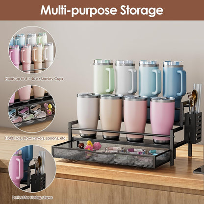 Water Bottle Organizer for Full Stanley 40 oz Tumbler with Handle, 2 Tier Tumbler Organizer for 8 Cups, Kitchen Pantry Organizers and Storage for Owala Stanley Cup Accessories, Brown
