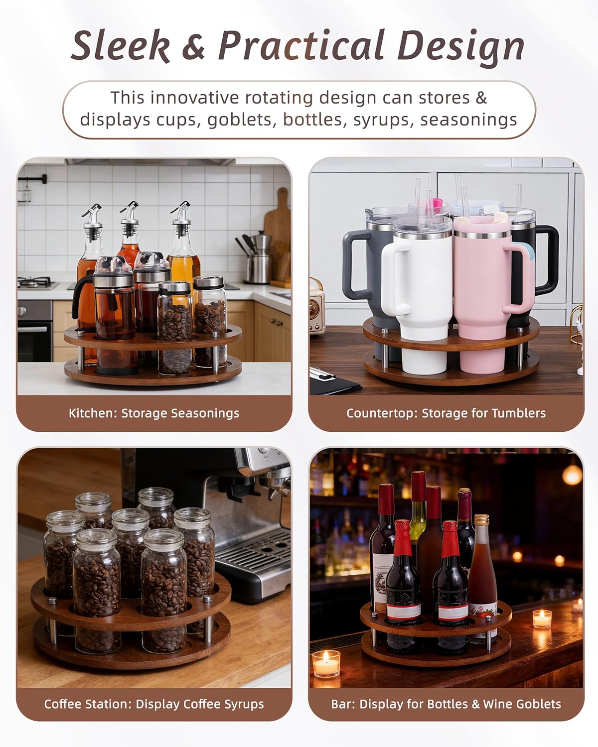 Rotating Wood Tumbler Organizer, 30 oz 40 oz Spinning Turnable Tumblers Holder, 360° Rotatable 7 Large Cups Bottle Tumbler Storage Display Stand, Rotate Syrup Organizer for Cabinet Countertop