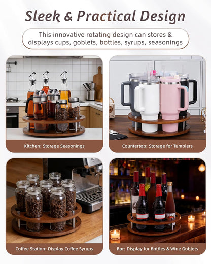 Rotating Wood Tumbler Organizer, 30 oz 40 oz Spinning Turnable Tumblers Holder, 360° Rotatable 7 Large Cups Bottle Tumbler Storage Display Stand, Rotate Syrup Organizer for Cabinet Countertop