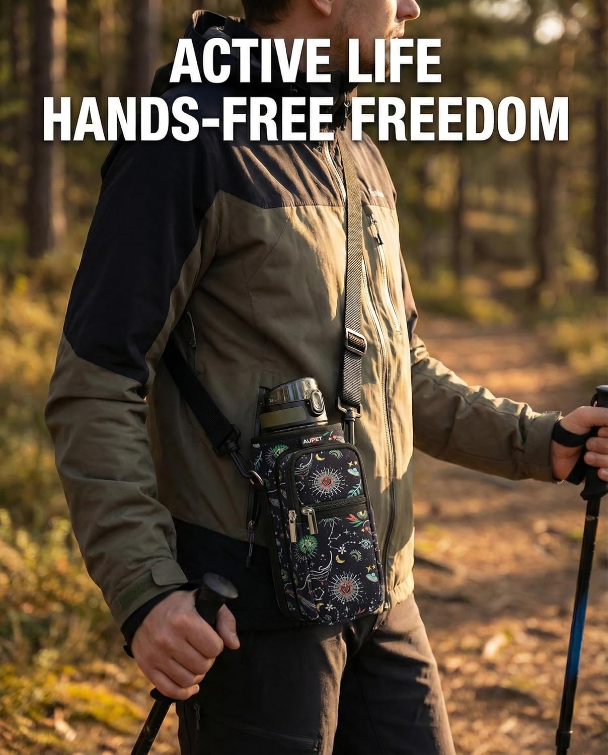 AUPET Water Bottle Sling Bag Sleeve Holder Carrier 25/32/40/64 oz,Insulated Crossbody Water Bottle Case Cover with Strap and Pockets for Men/Women Walking Hiking
